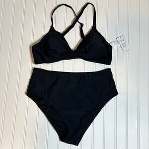 Cupshe Womens 2 Piece Swimsuit Black Bikini Large Bunny Knot Front High Waisted